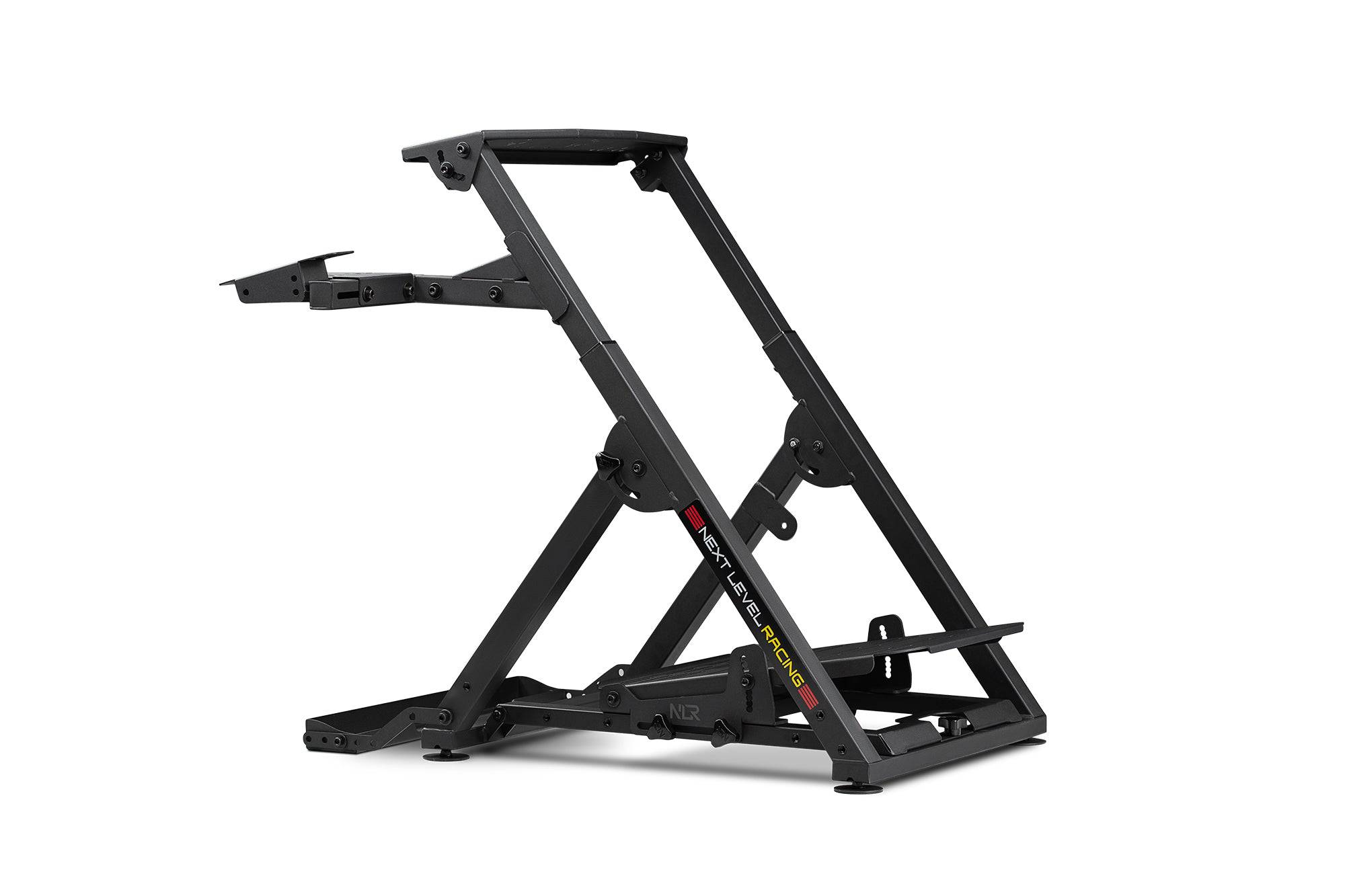 Next Level Racing Wheel Stand 2.0 for sim racing, adjustable stand with mounted wheel and pedal setup for immersive gaming.