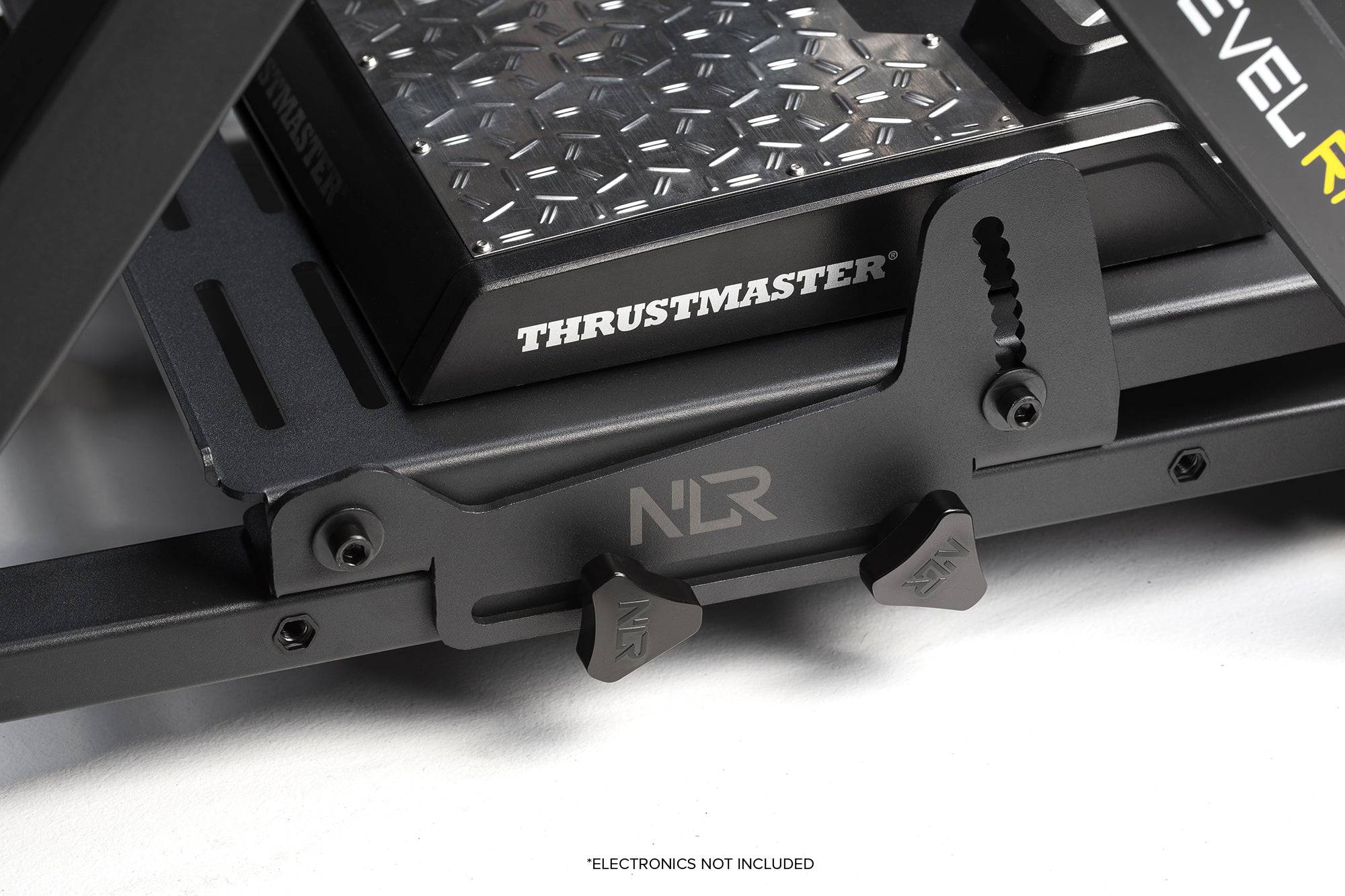 Next Level Racing Wheel Stand 2.0 supporting racing wheel and pedals, adjustable setup for immersive racing simulation.