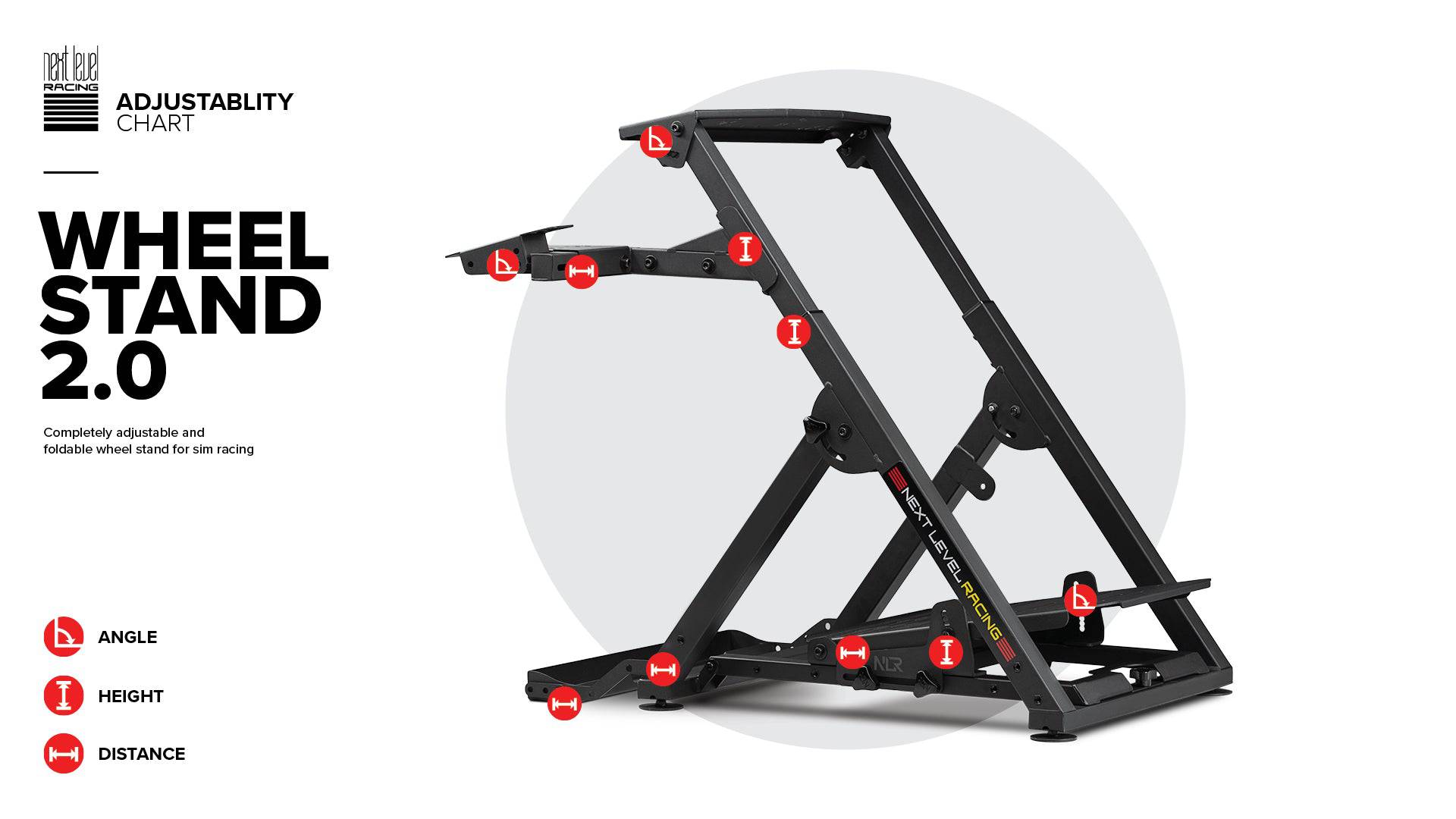 Next Level Racing Wheel Stand 2.0 displaying adjustable wheel mount and sturdy frame for sim racing setups.