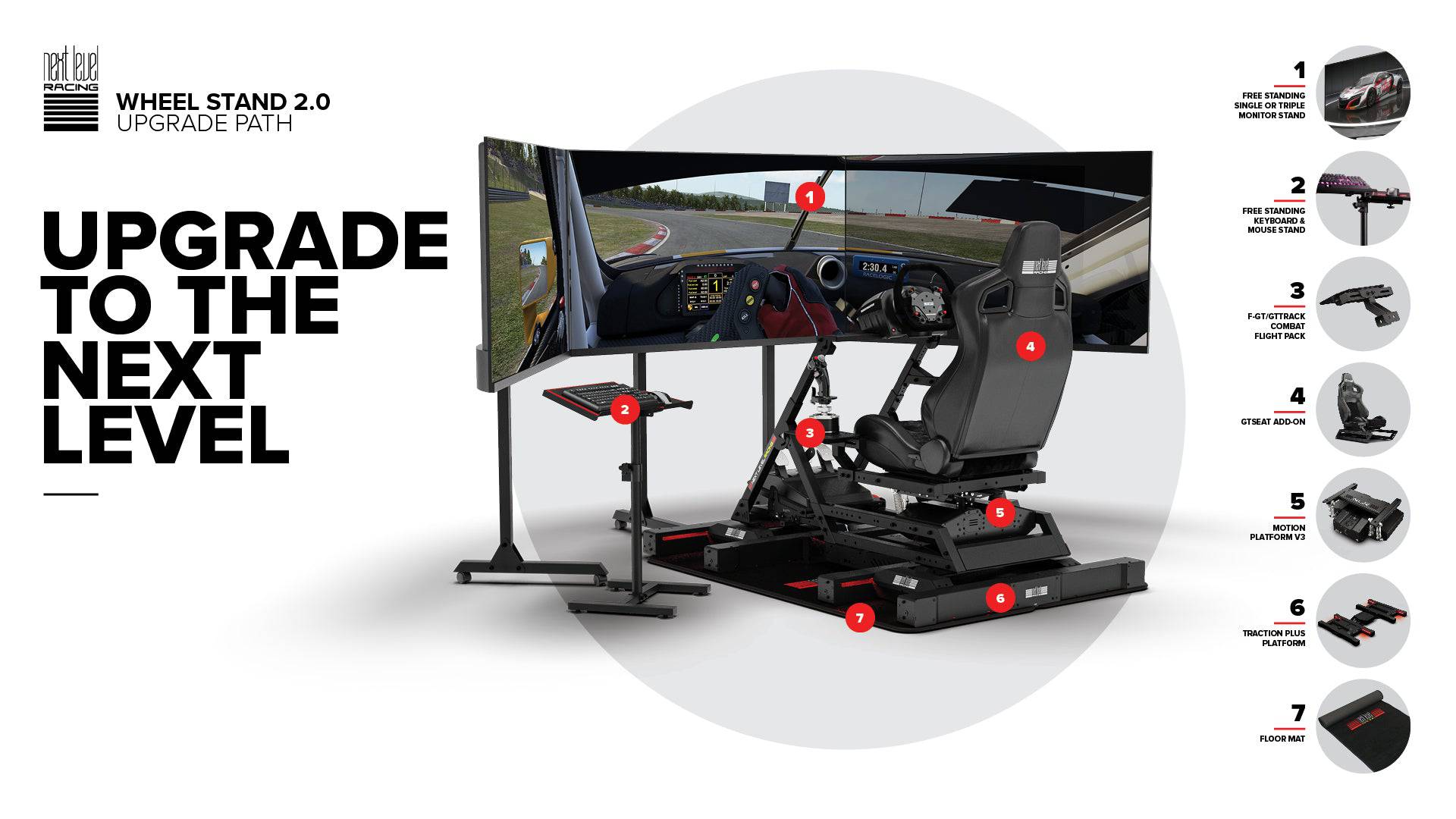 Next Level Racing Wheel Stand 2.0 for sim racing, adjustable stand with wheel and pedal mounts, sturdy black metal frame.