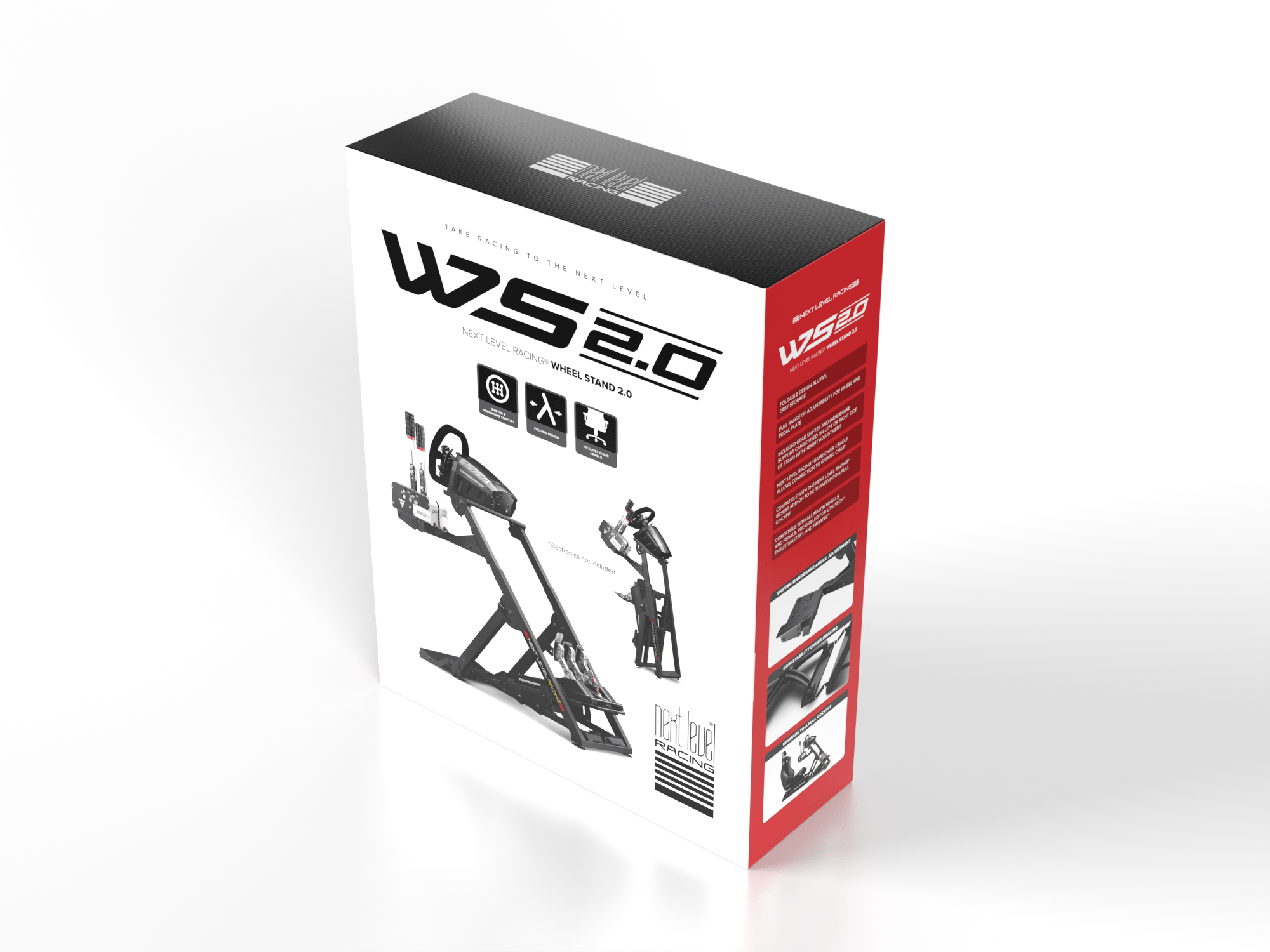 Next Level Racing Wheel Stand 2.0 with adjustable mount for sim racing, shown with steering wheel and pedals attached.