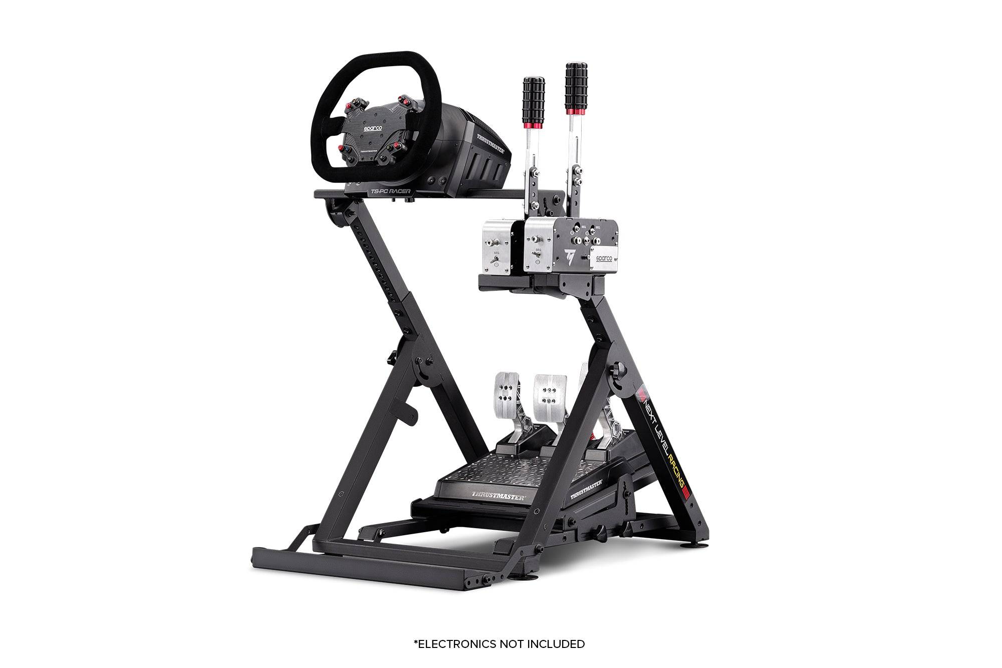 Next Level Racing Wheel Stand 2.0 with adjustable features for sim racing, shown with mounted racing wheel and pedals.