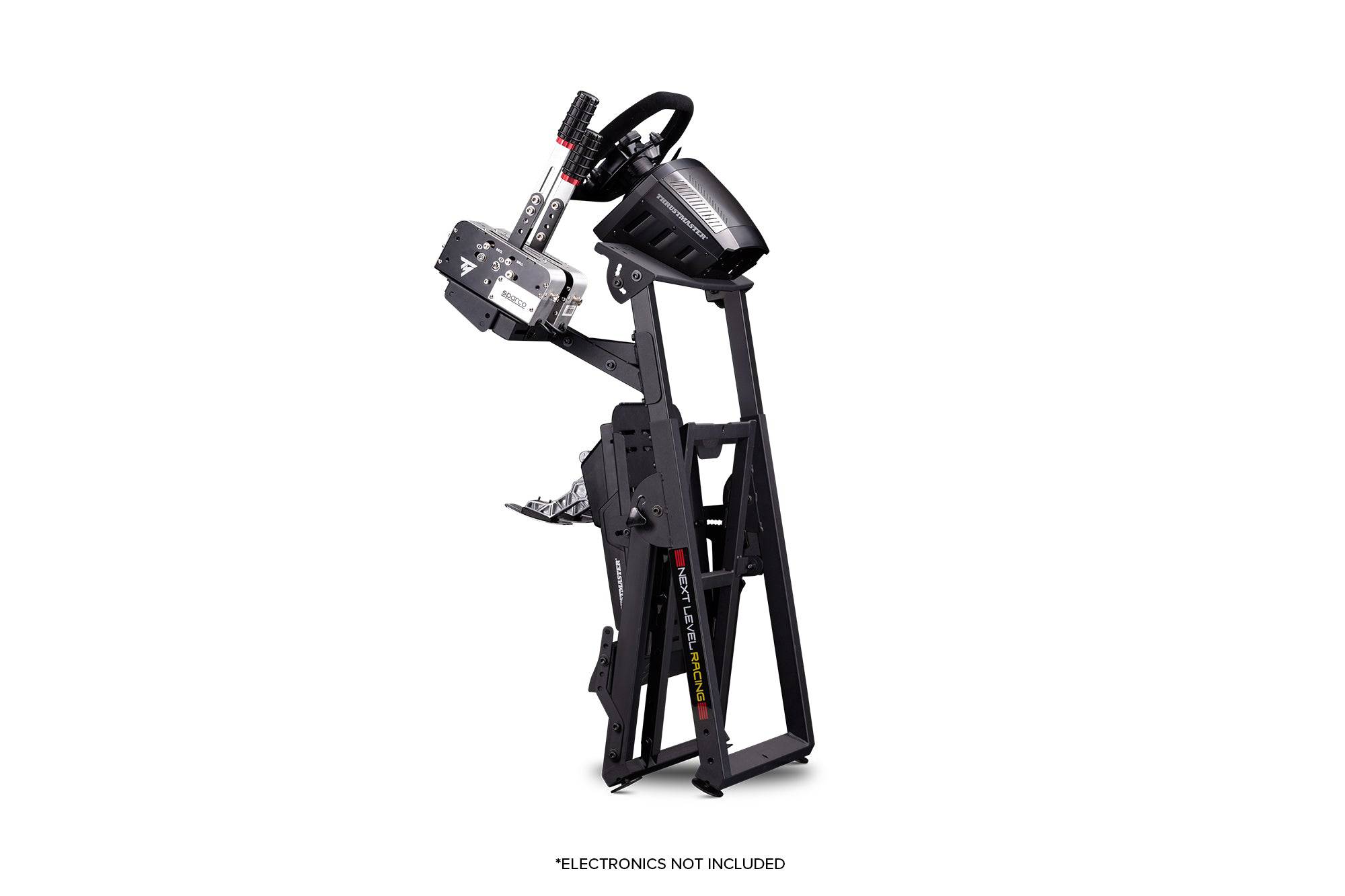 Next Level Racing Wheel Stand 2.0, adjustable black metal stand with wheel and pedal mounts for sim racing setups.