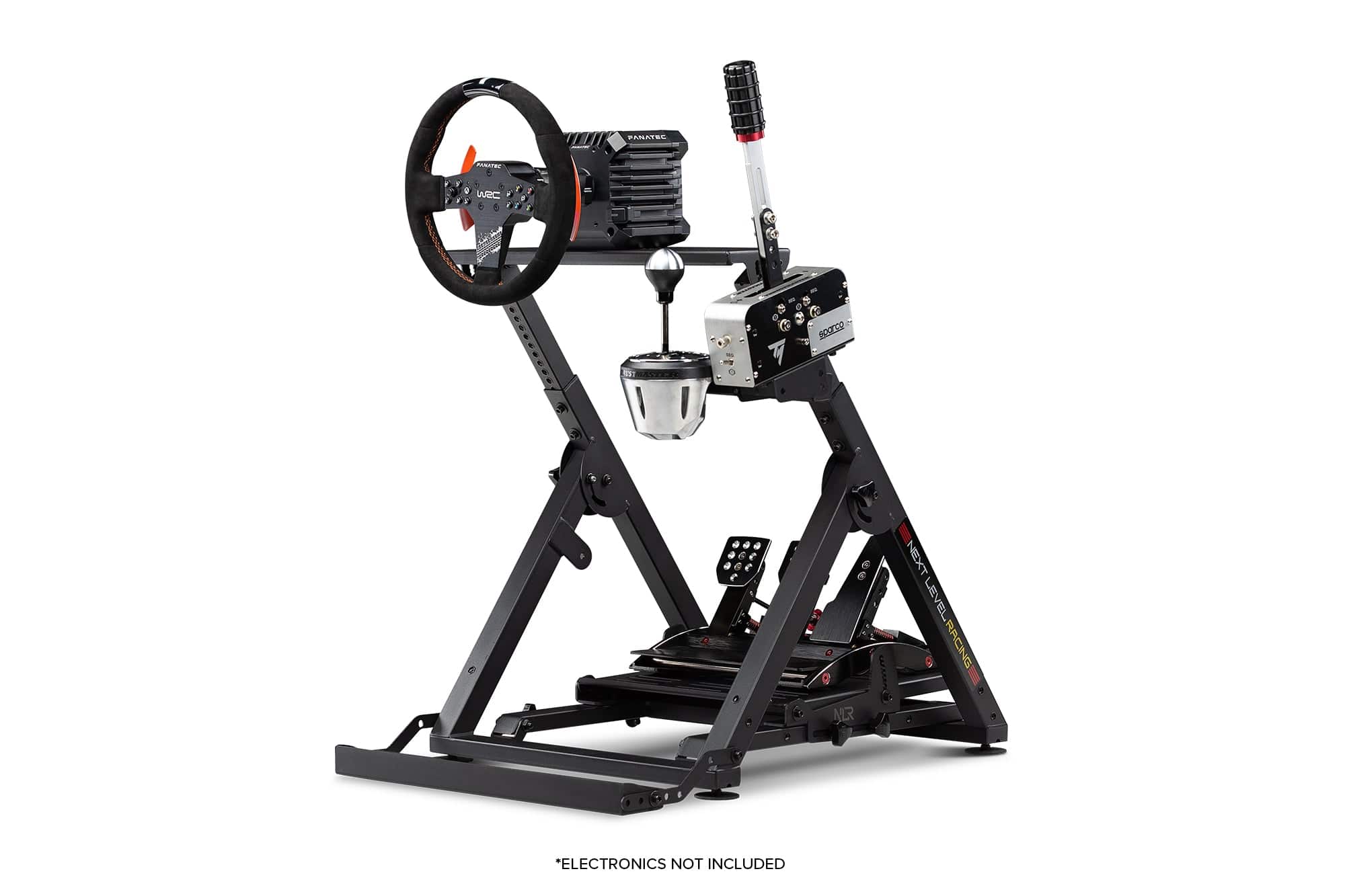 Next Level Racing Wheel Stand 2.0 showing adjustable mount and sturdy frame for sim racing setups.