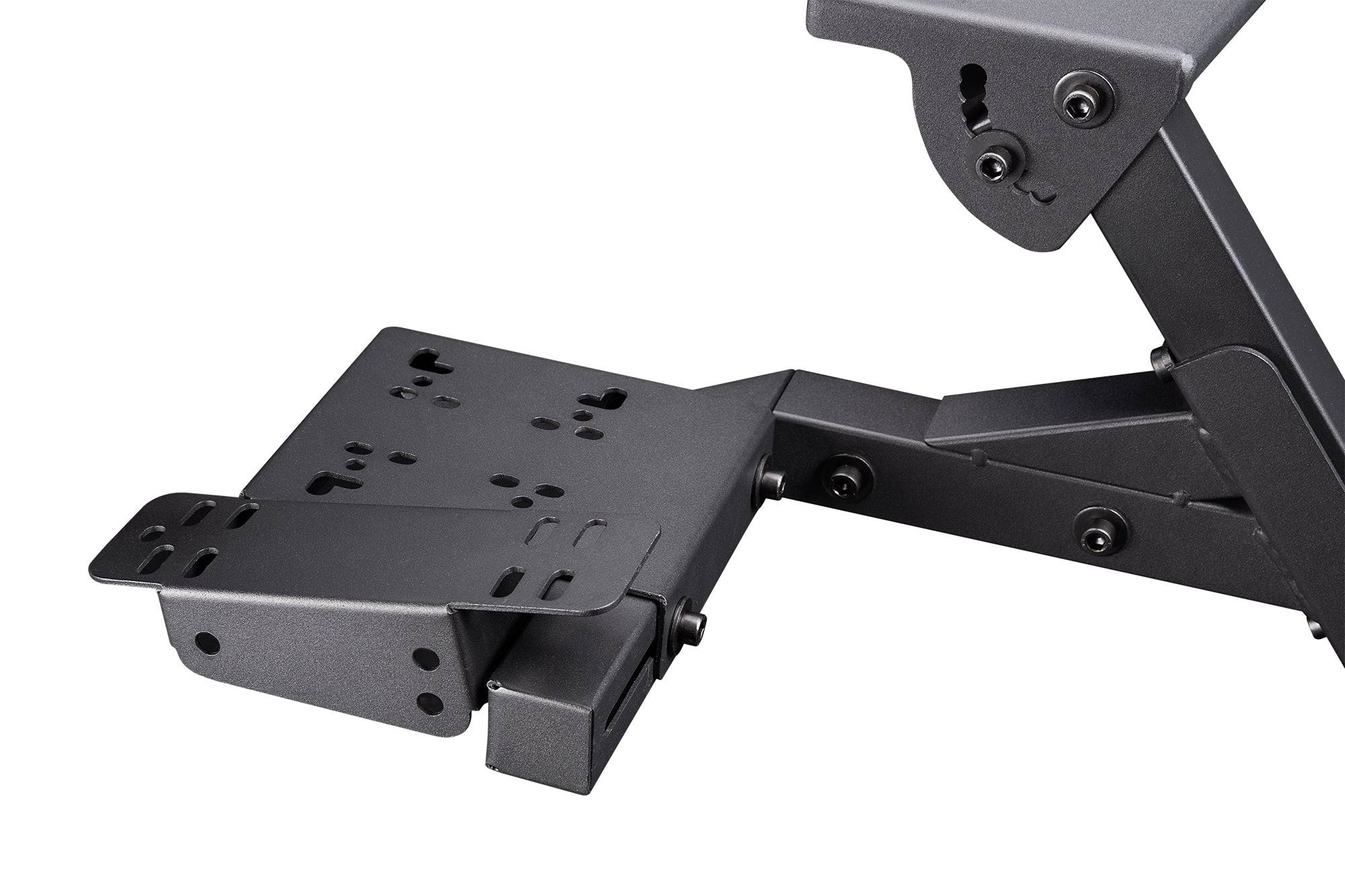 Next Level Racing Wheel Stand 2.0 with adjustable mounts and sturdy frame for sim racing setup, shown with wheel and pedals.