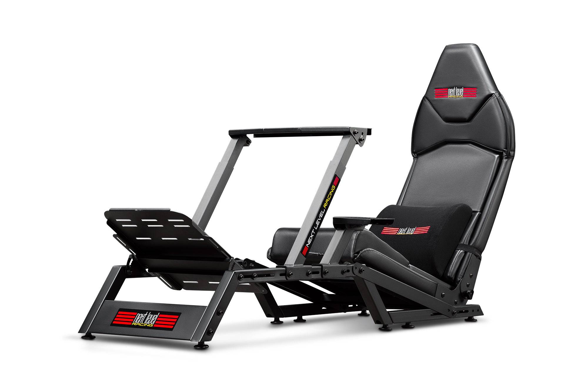 Next Level Racing F-GT Formula and GT simulator cockpit in matte black, with racing chassis and adjustable setup.