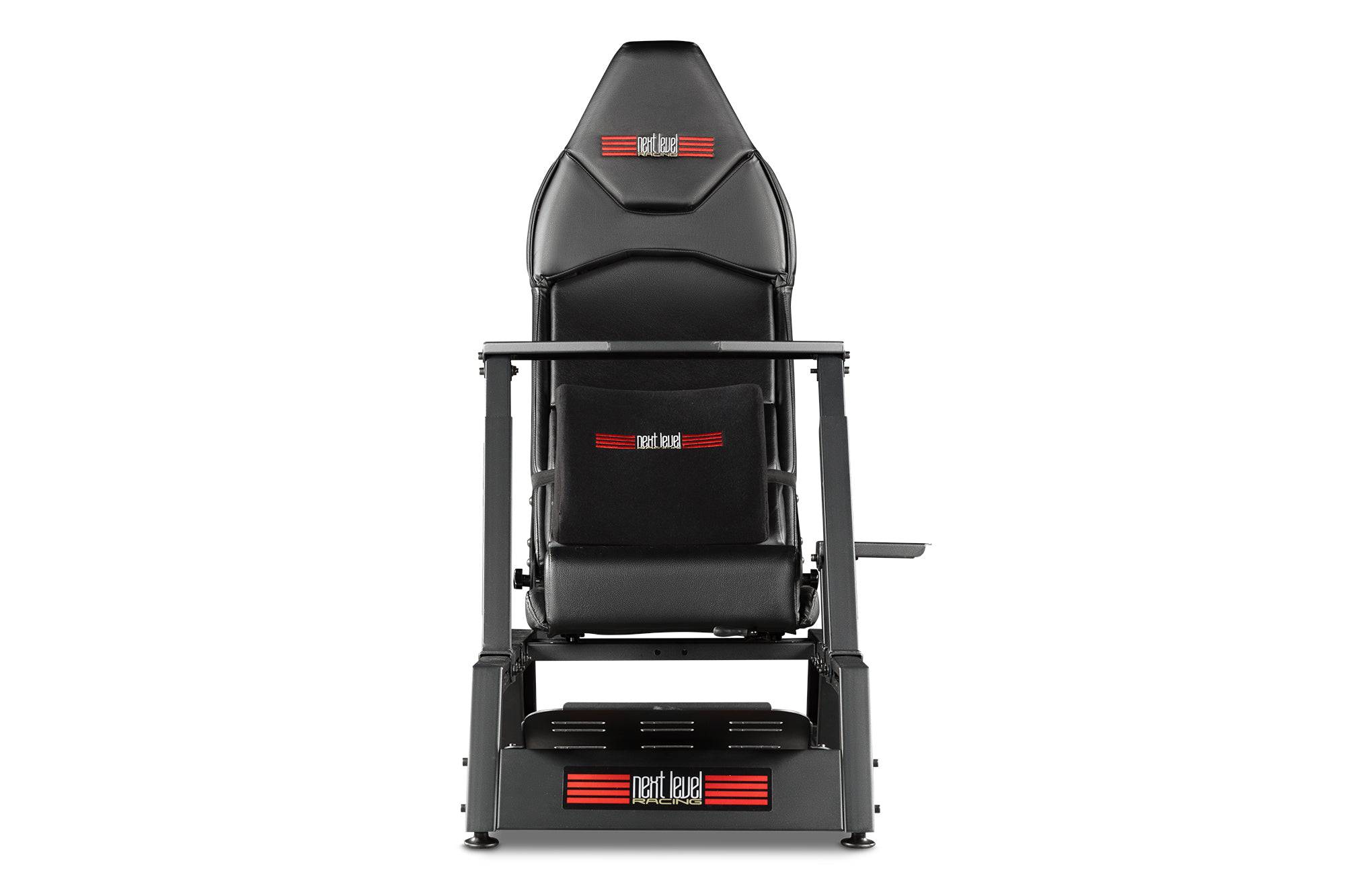 Next Level Racing F-GT Formula and GT simulator cockpit in matte black, showing the sturdy racing chassis with adjustable components.
