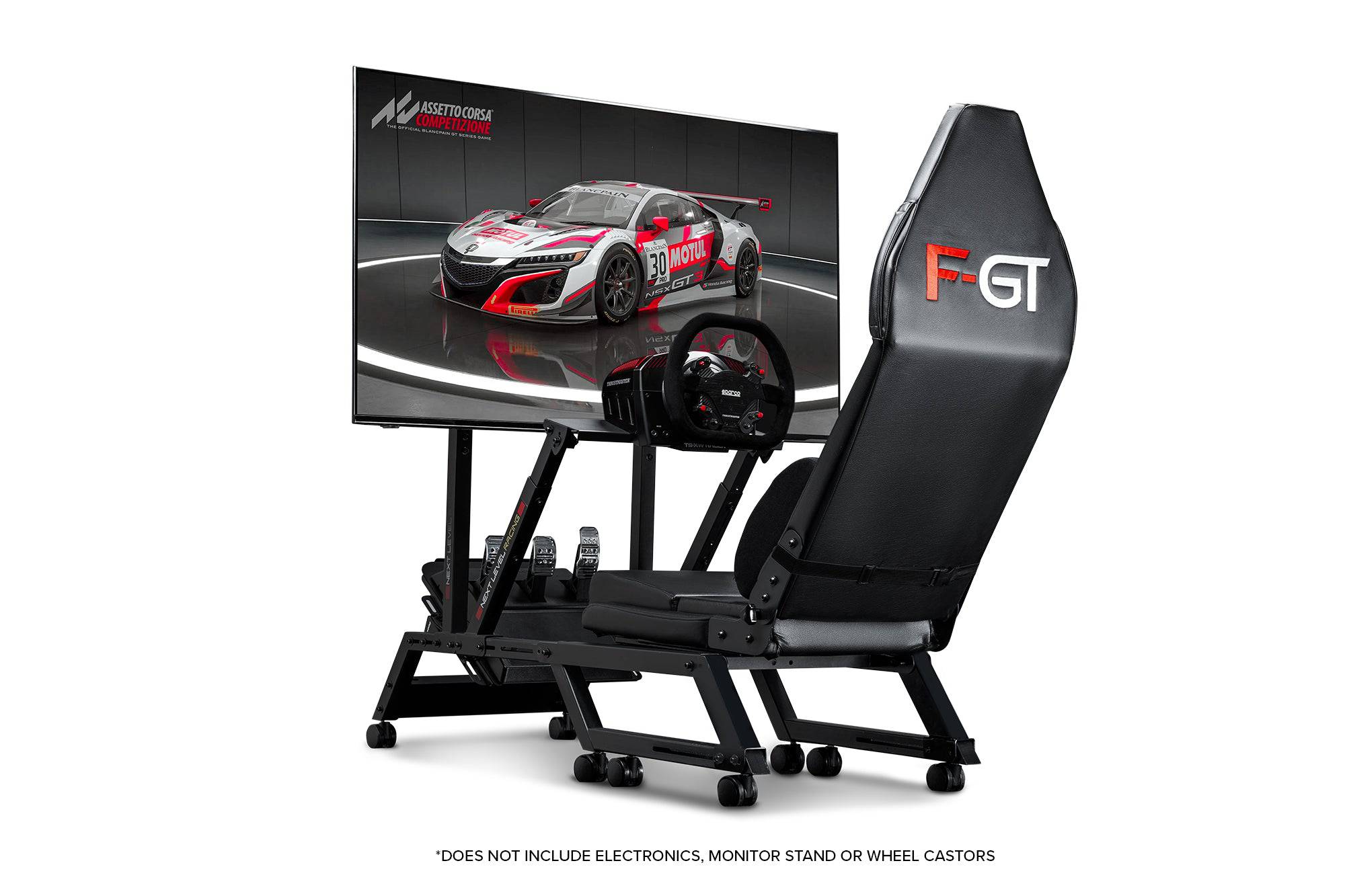 Next Level Racing F-GT Formula and GT simulator cockpit in matte black, featuring racing chassis design and adjustable components.
