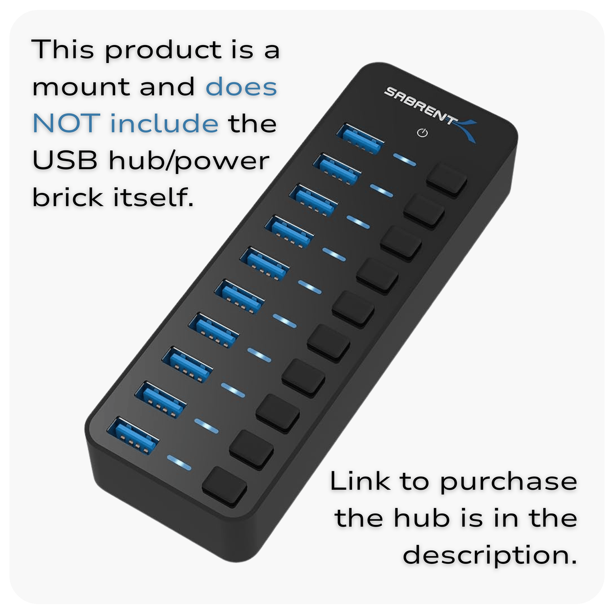 SimSportGadget Sabrent 10 USB hub mount with power brick holder, showing the mounting setup and connected USB devices