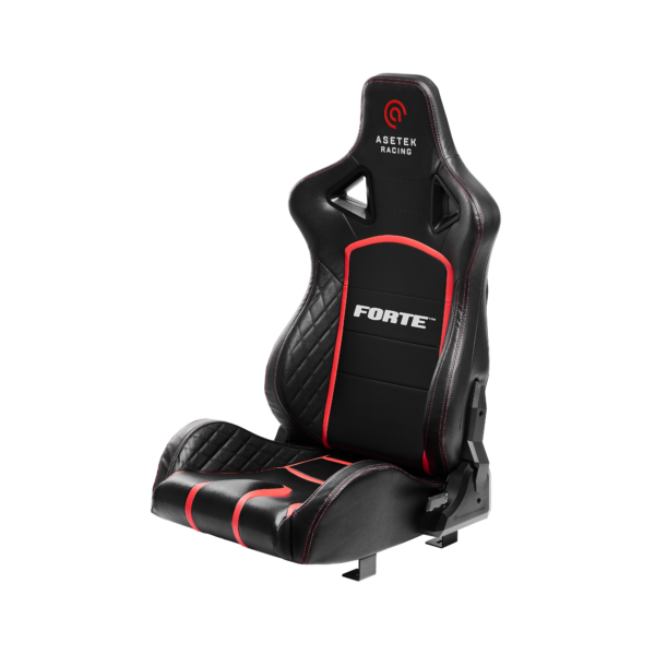 Asetek Racing Forte sim racing seat with black and red upholstery, ergonomic design, and racing-style bolsters for gaming comfort.