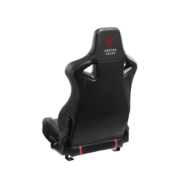Asetek Racing Forte sim racing seat with black and red upholstery, ergonomic design, and sturdy metal frame for gaming.