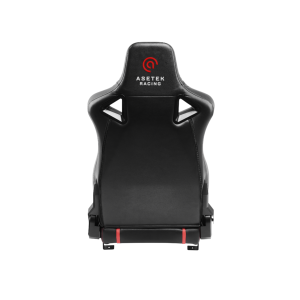 Asetek Racing Forte sim racing seat with black and red design, ergonomic racing seat for gaming and driving simulation.